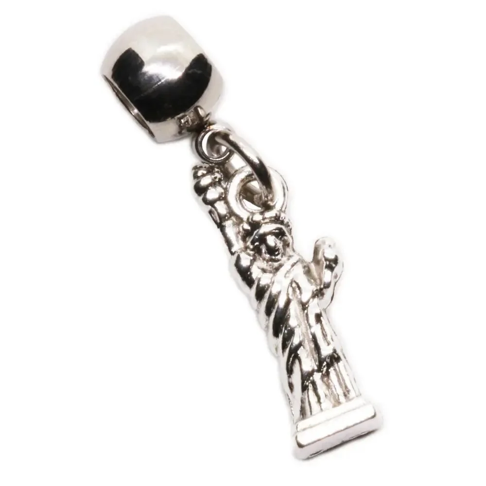 Silver Statue Charm Bead for USA Travel Memories, Detailed New York Icon Pendant